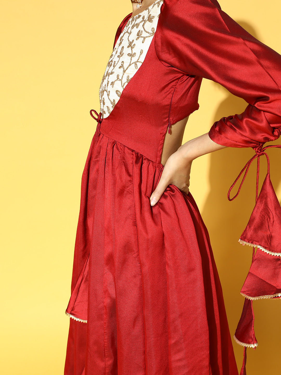 Women Maroon Yoke Design Dupion Silk Anarkali Kurta with Trousers & Dupatta