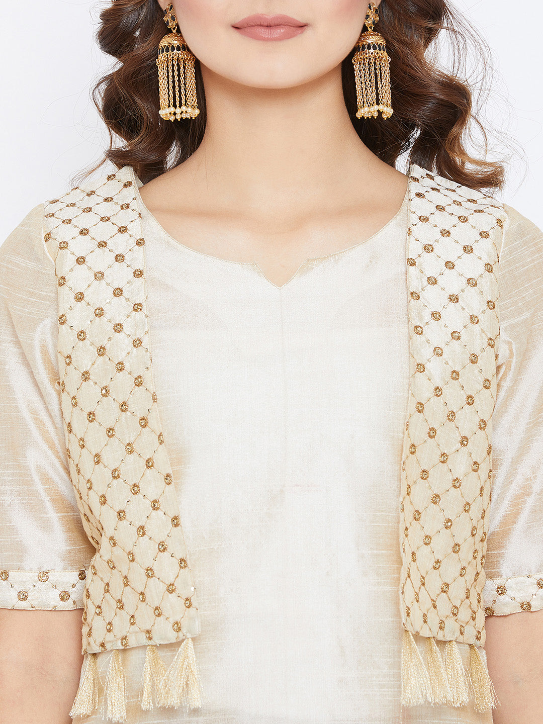 Women's Beige Color Plain Straight Fit Mid Length Kurta With Jacket