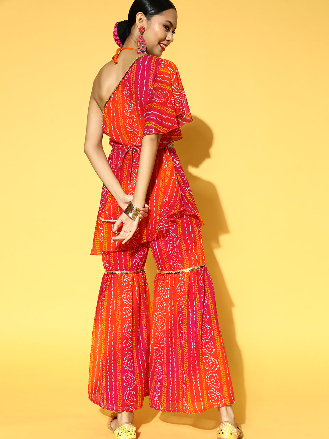 Women Orange & Pink Bandhani Printed One Shoulder Kurta & Sharara with Belt