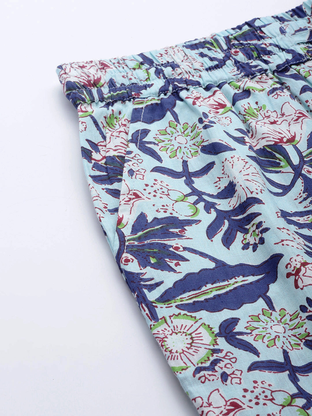 Women Blue & Green Cotton Floral Printed Comfort Fit Trousers