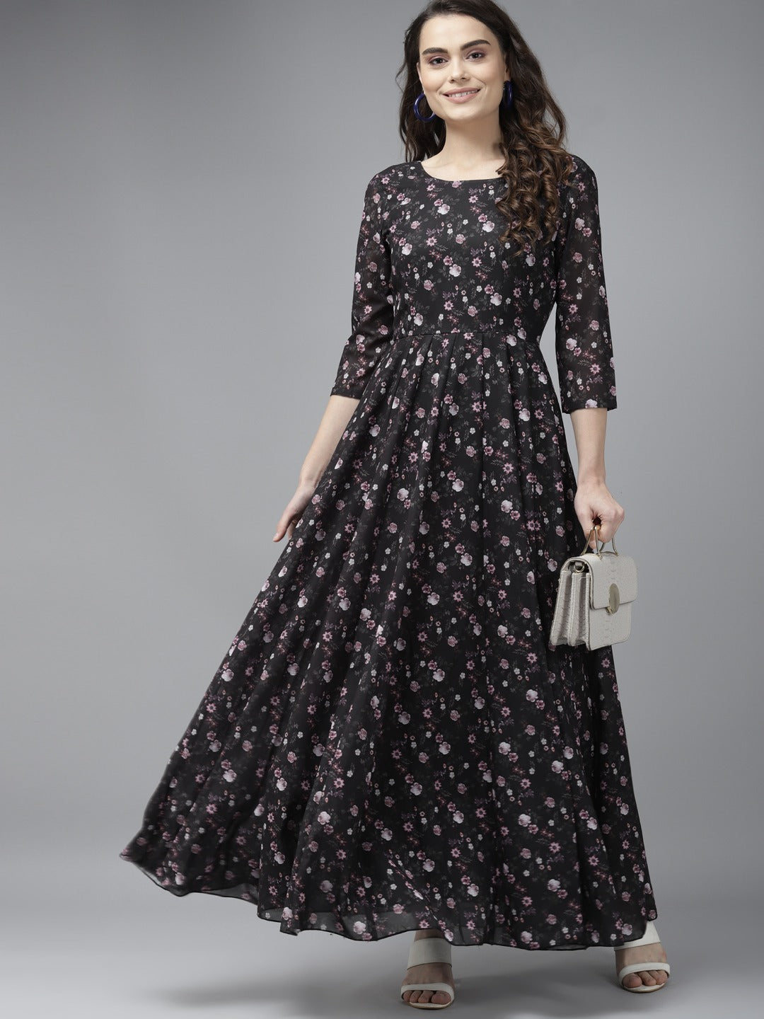 PANIT Black Pink Floral Print Georgette Maxi Dress