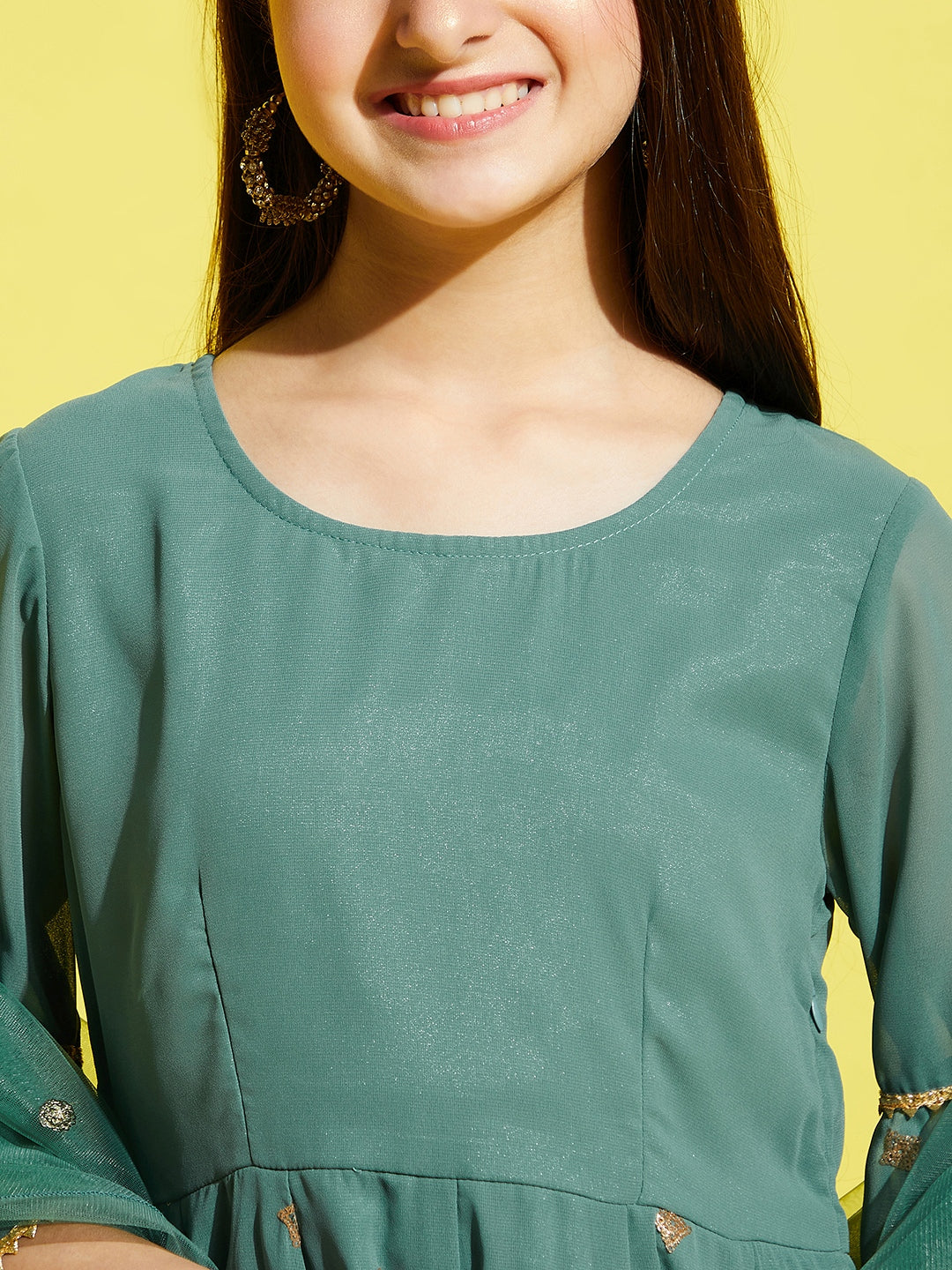 Girls Green Ethnic Motifs Embroidered Empire Kurta with Sharara & Dupatta