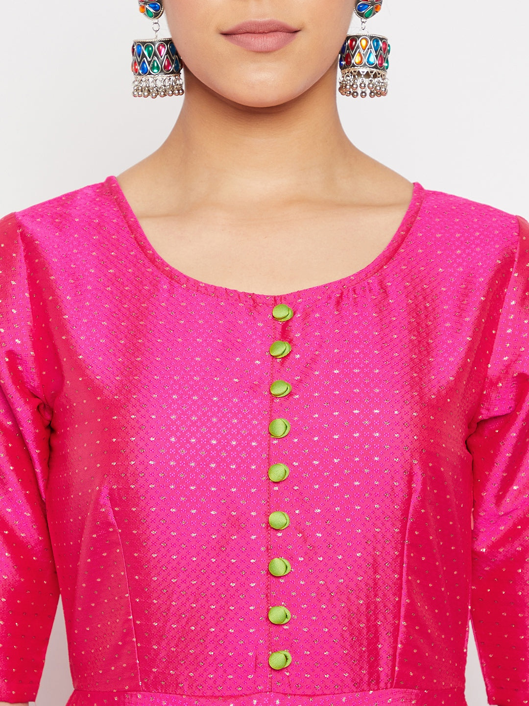 Women Magenta Pleated Golden Thread Work Kurta Set With Trouser And Dupatta