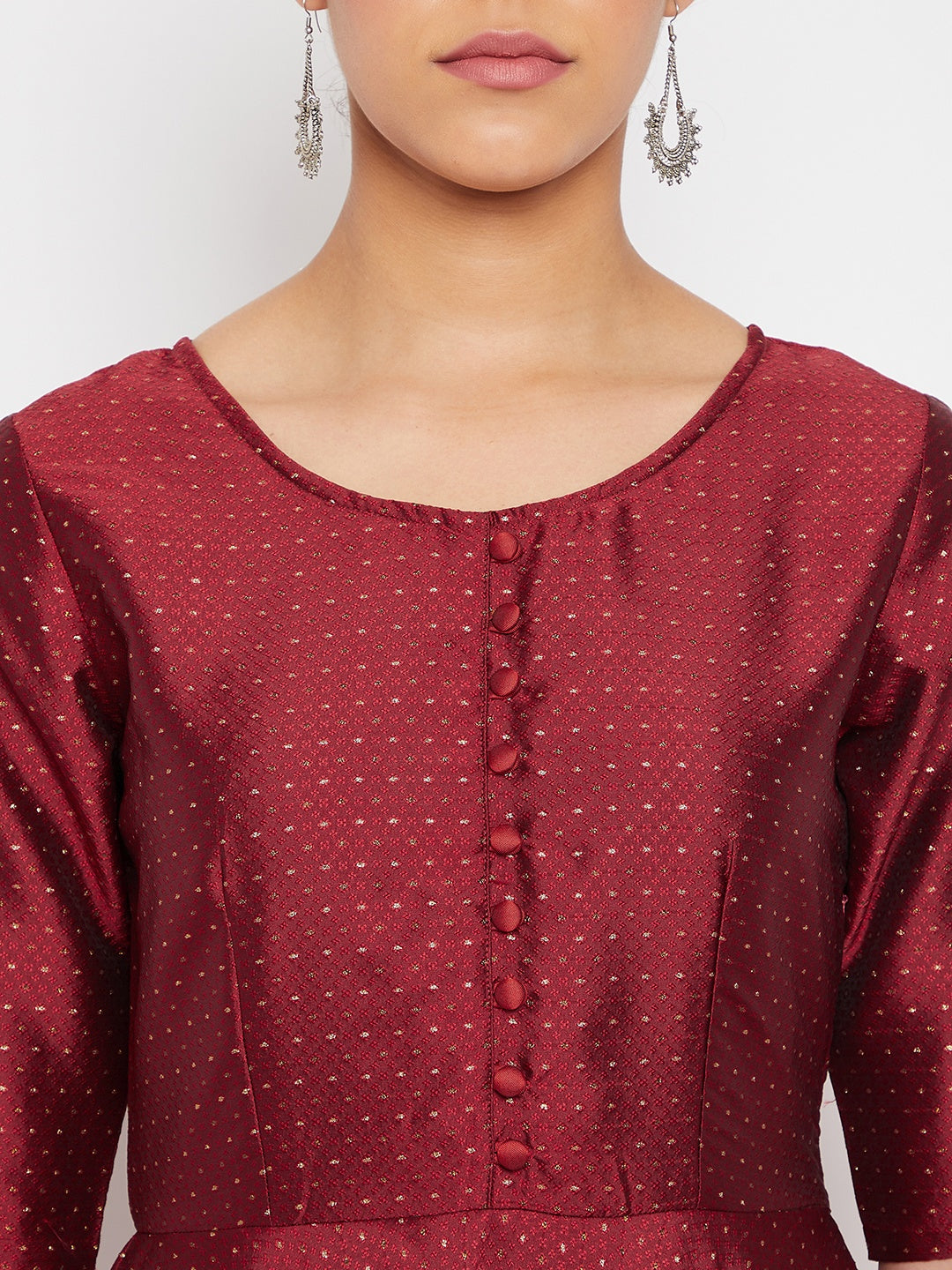 Women Maroon Pleated Golden Thread Work Kurta Set With Trouser And Dupatta