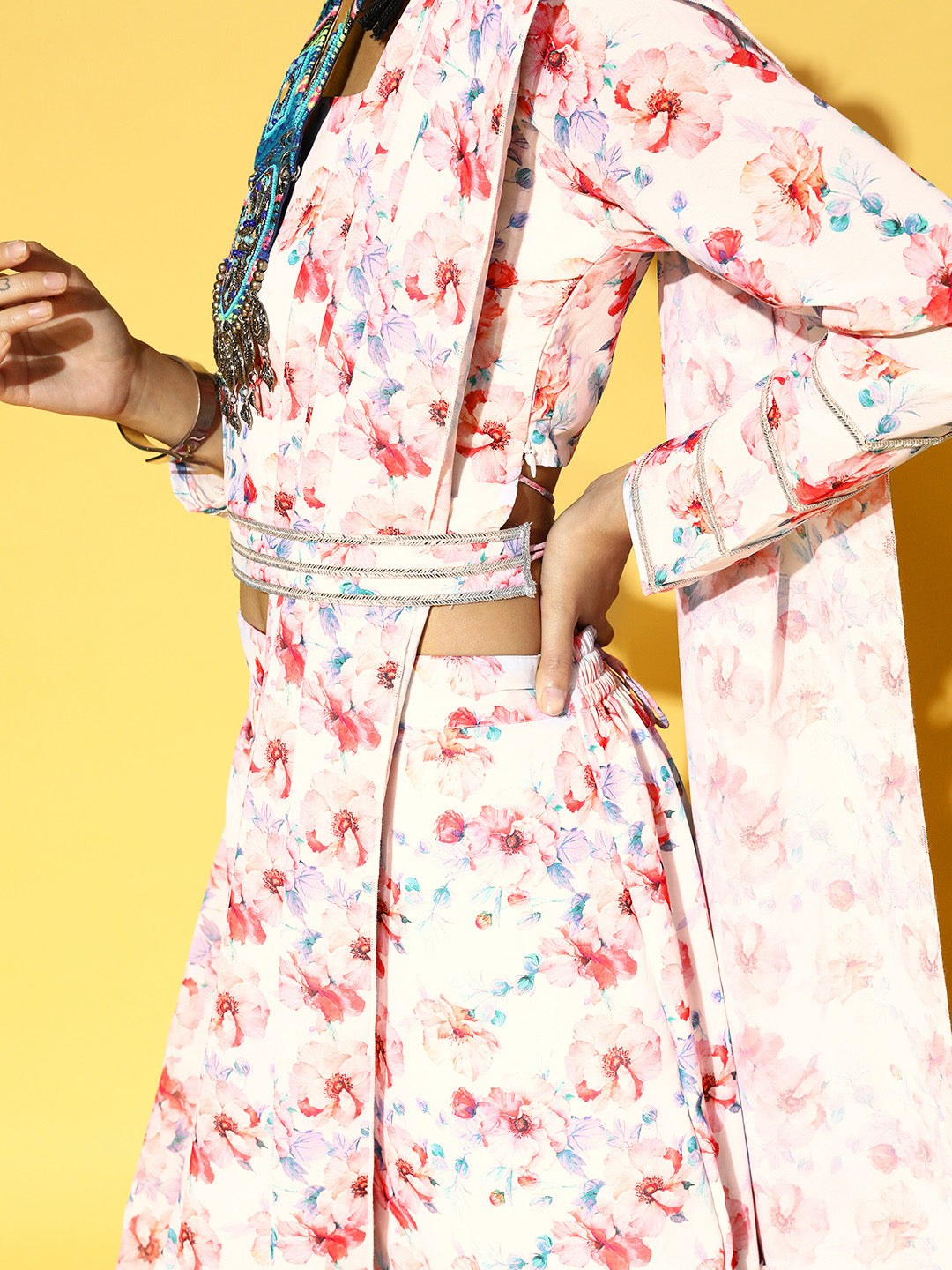 White & Pink Floral Print Ready to Wear Lehenga & Choli with Attached Dupatta