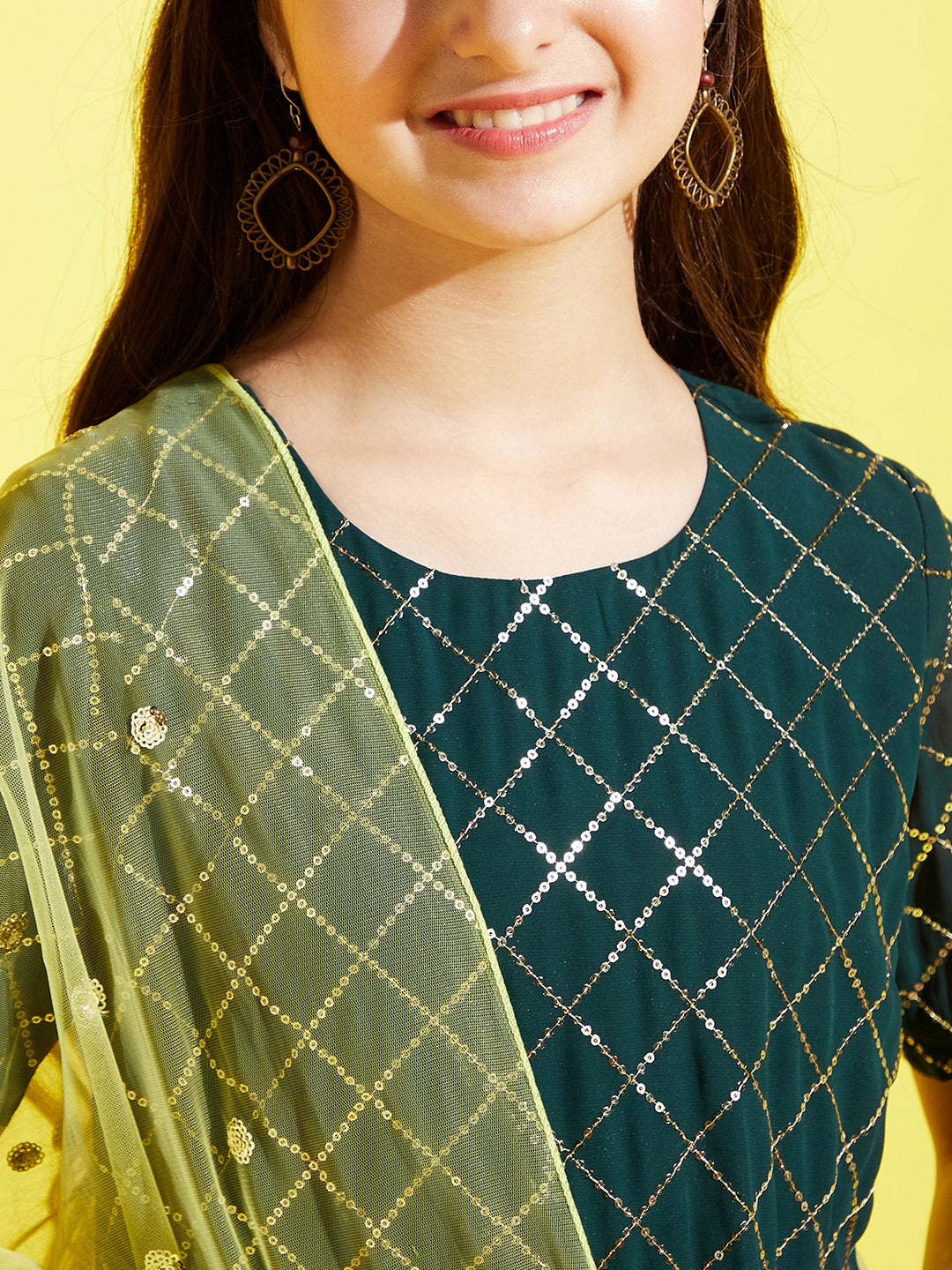 Girls Green Embroidered Straight Kurta with Palazzo & With Dupatta