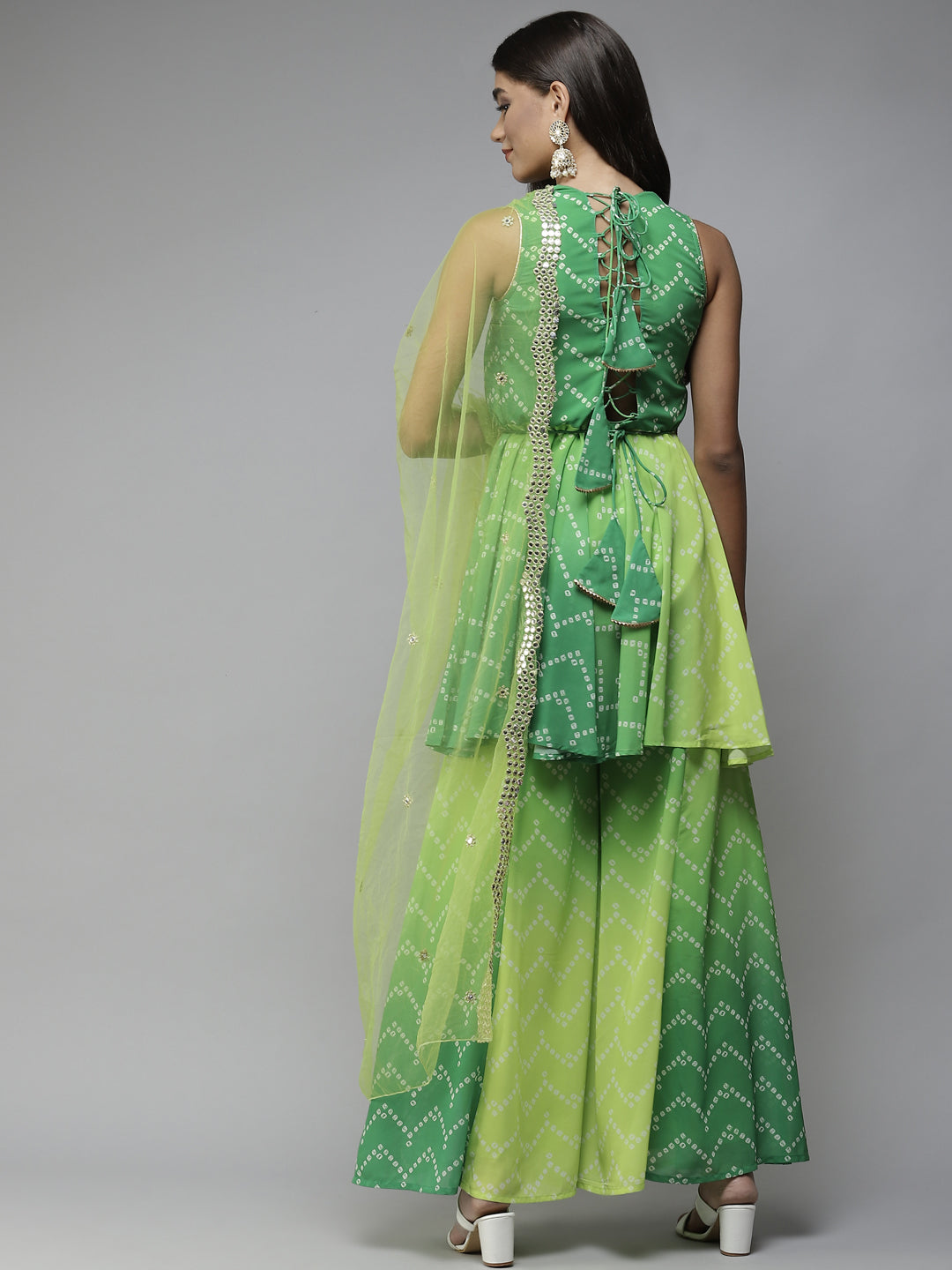 PANIT Green Bandhani Printed Zardozi Kurta with Sharara & With Dupatta