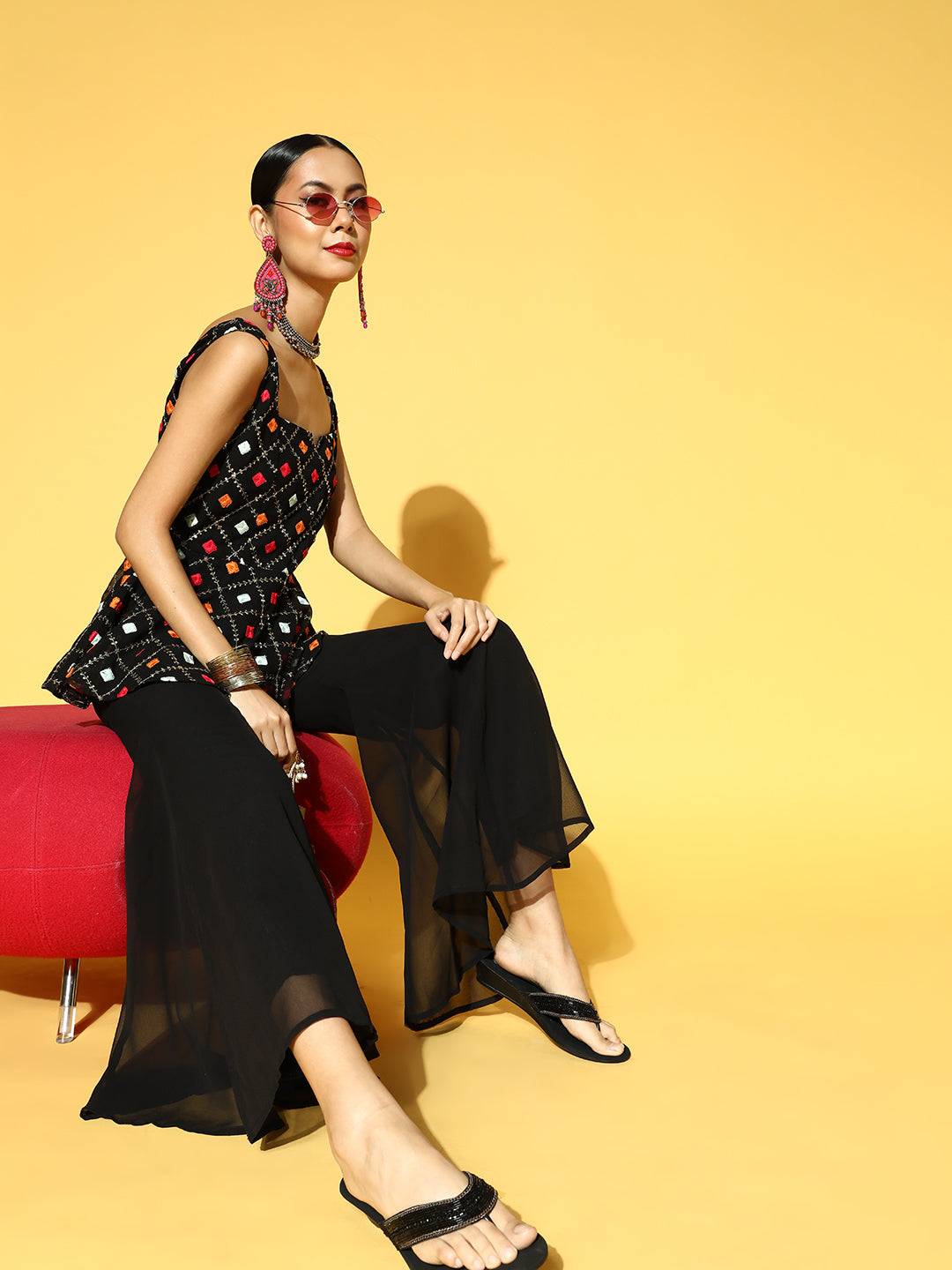 Women Black Embroidered Kurti with Palazzo