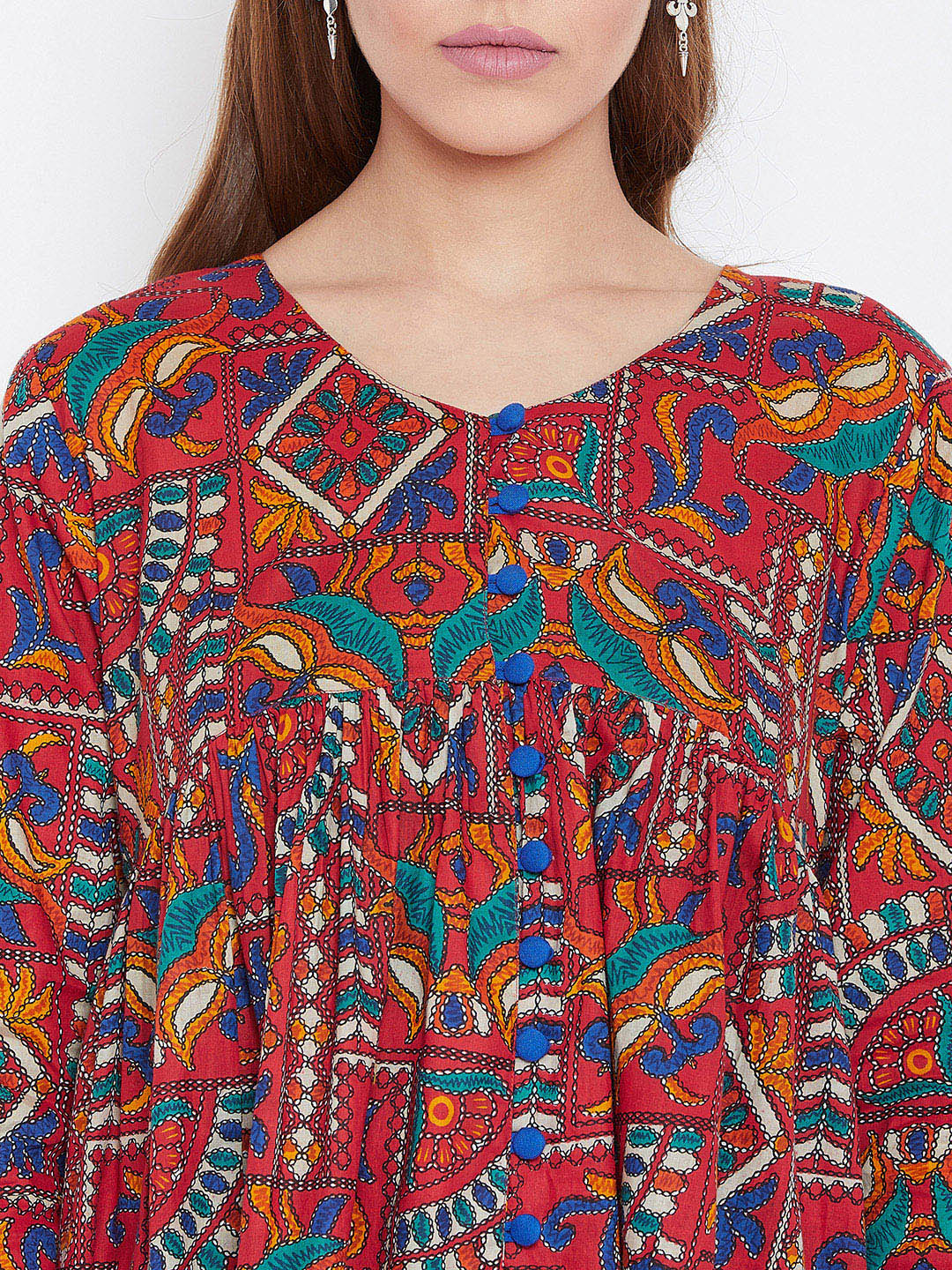 Women Red Printed Pure Cotton Anarkali Pure Cotton Kurti