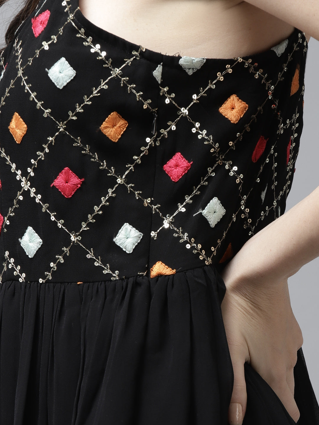 PANIT Women Black Orange Embroidered Maxi Dress