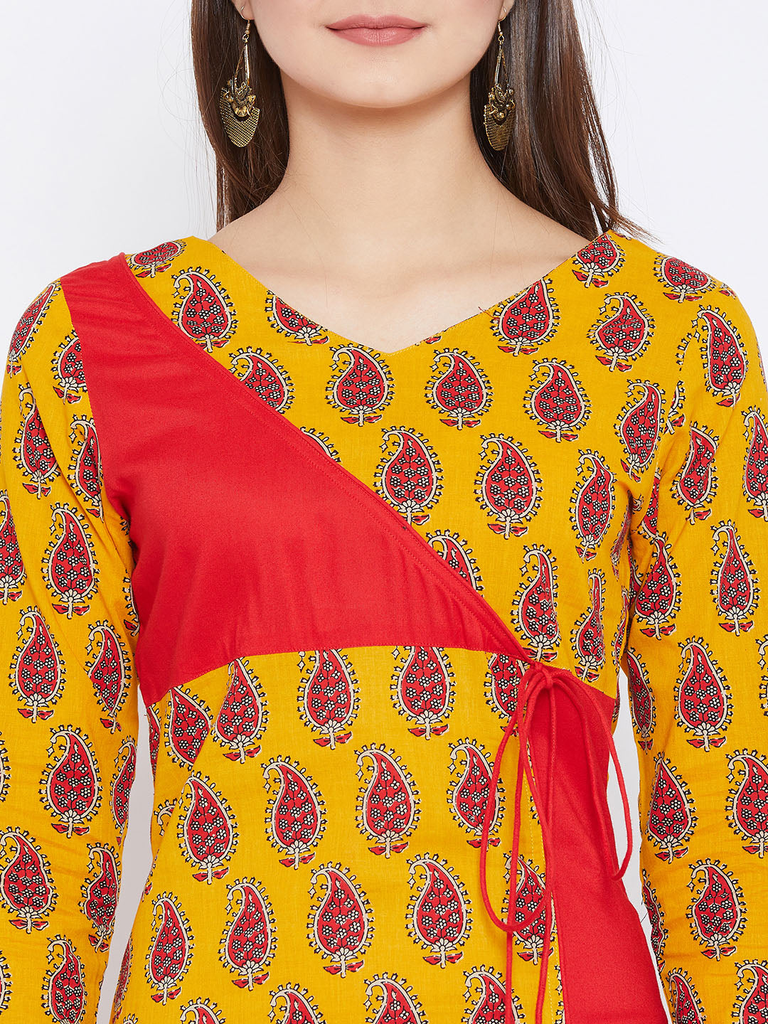 Women's Yellow And Red Color Paisely Printed Streight Fit Angrakha Kurta