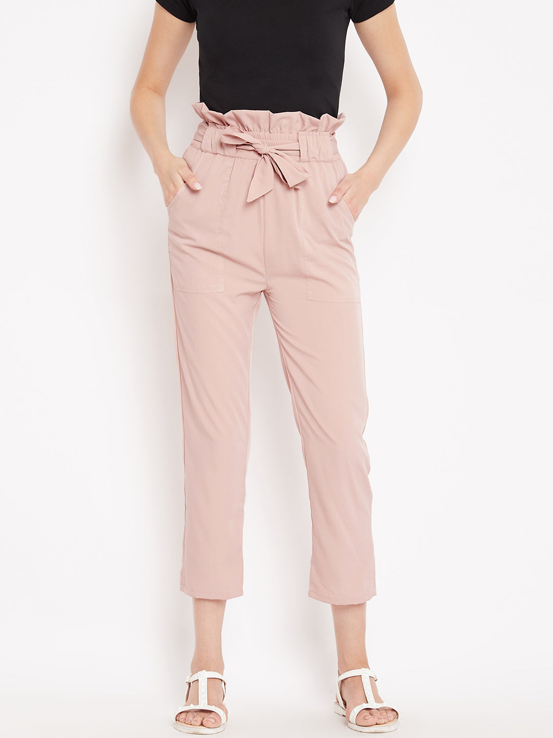 Women's solid rose gold pleated high waist trouser