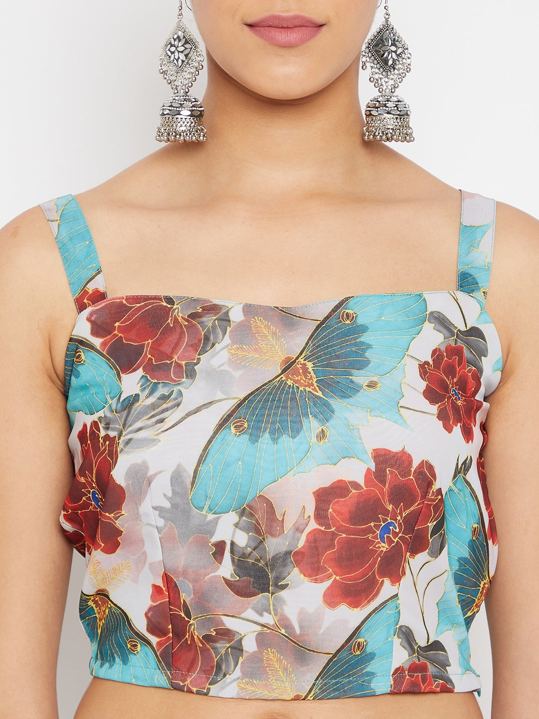 Women Blue Floral Printed Regular Top with Skirt & With Dupatta