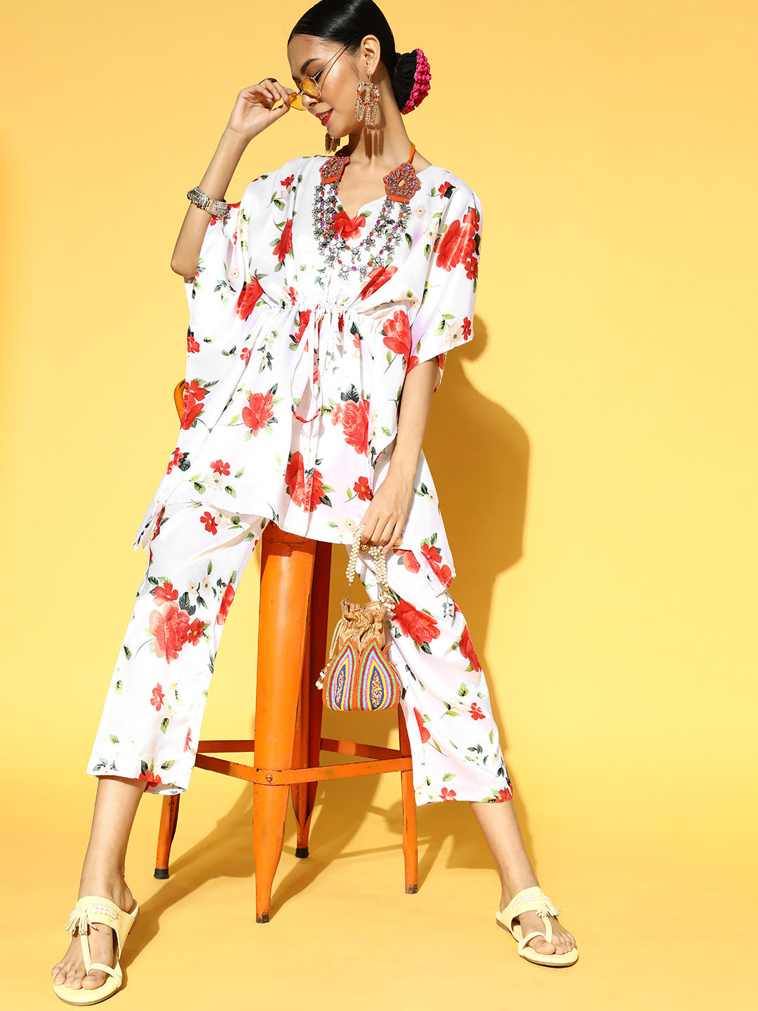 Women White Floral Printed Kaftan Kurta with Trousers
