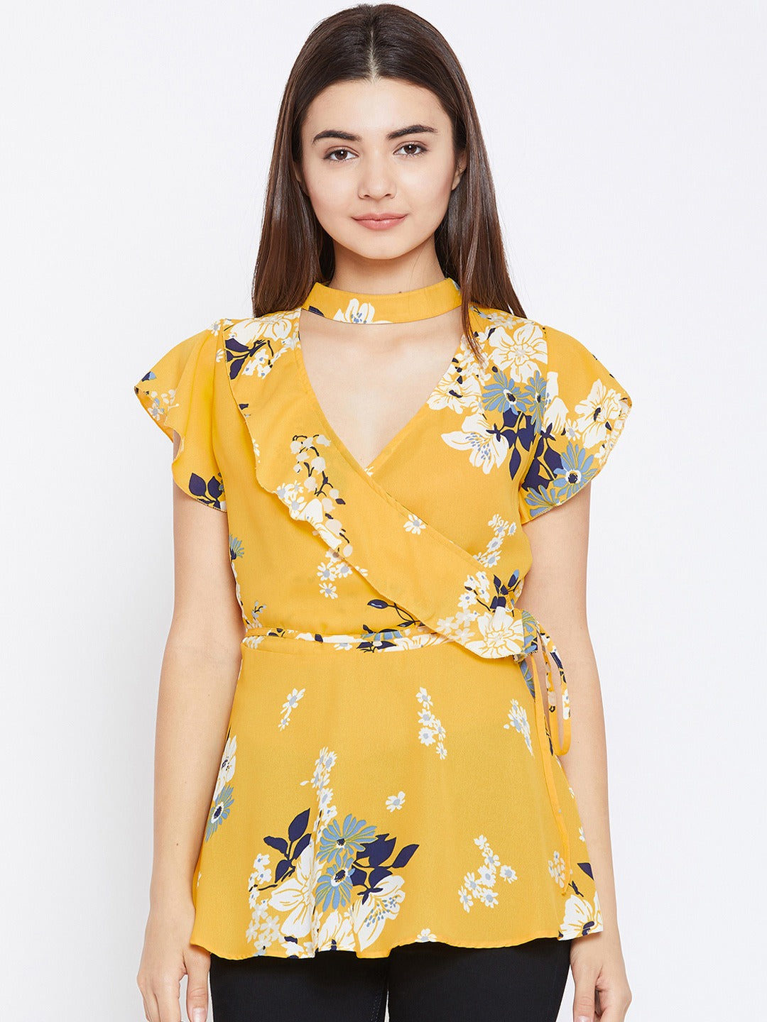 Women Yellow Floral Printed Wrap Top