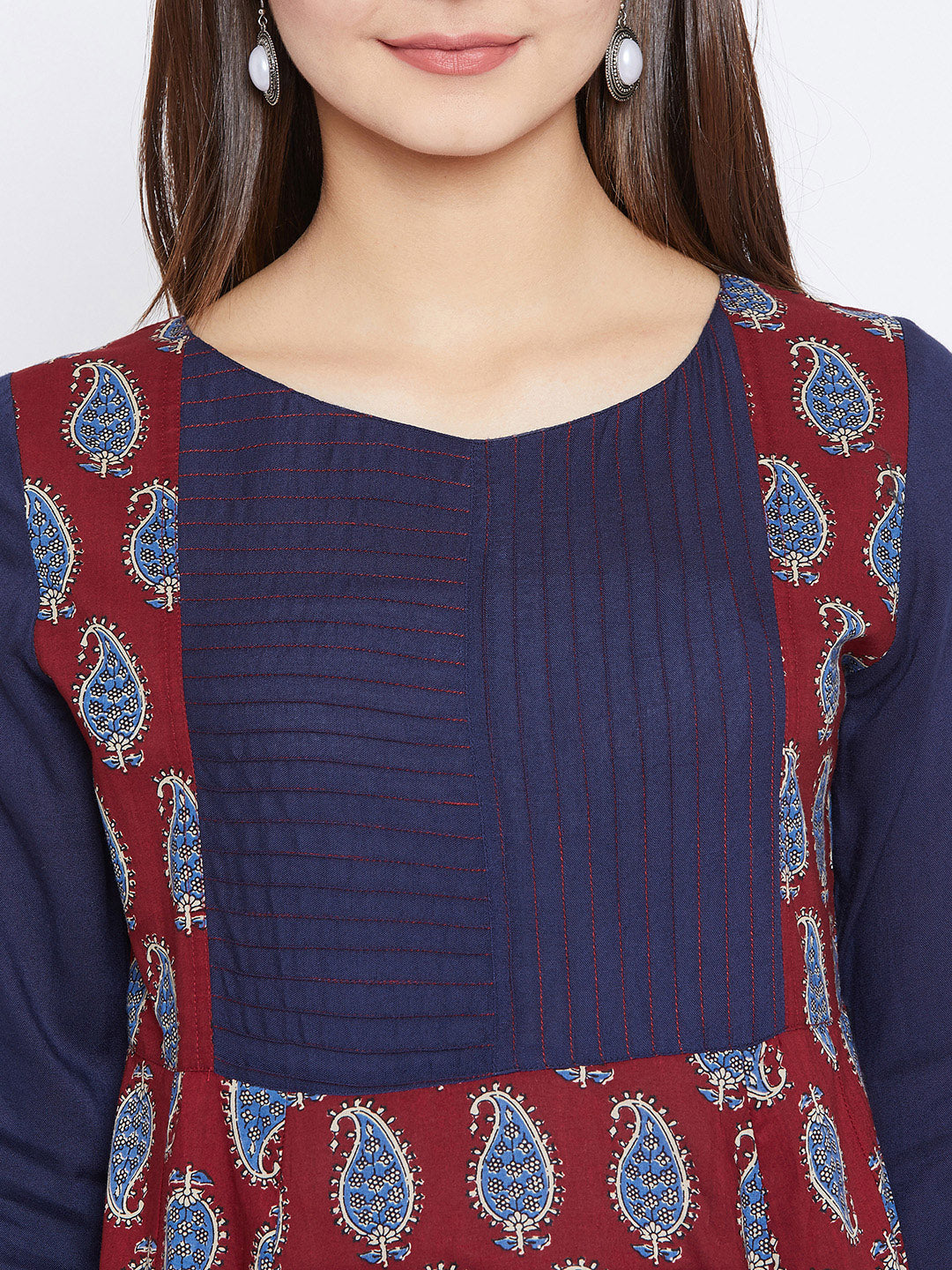 Women's Maroon And Navy Blue Paisely Printed Anarkali Ankle Length Kurta