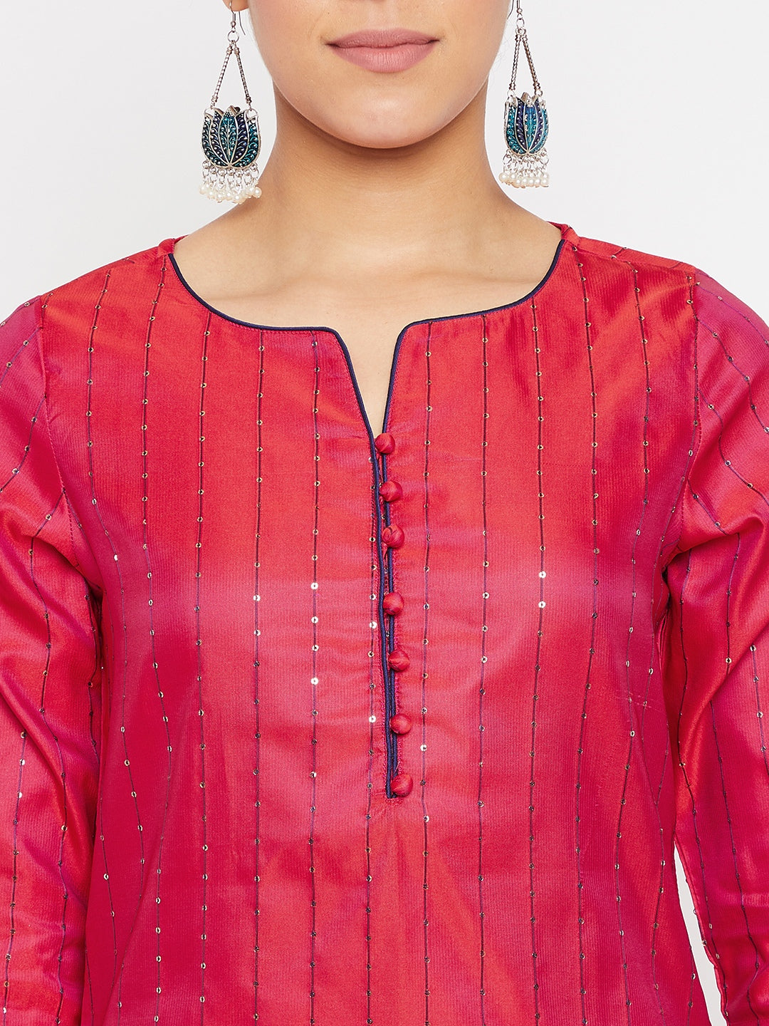 Women Magenta Blue Sequin Straight Kurta Set with Dupatta
