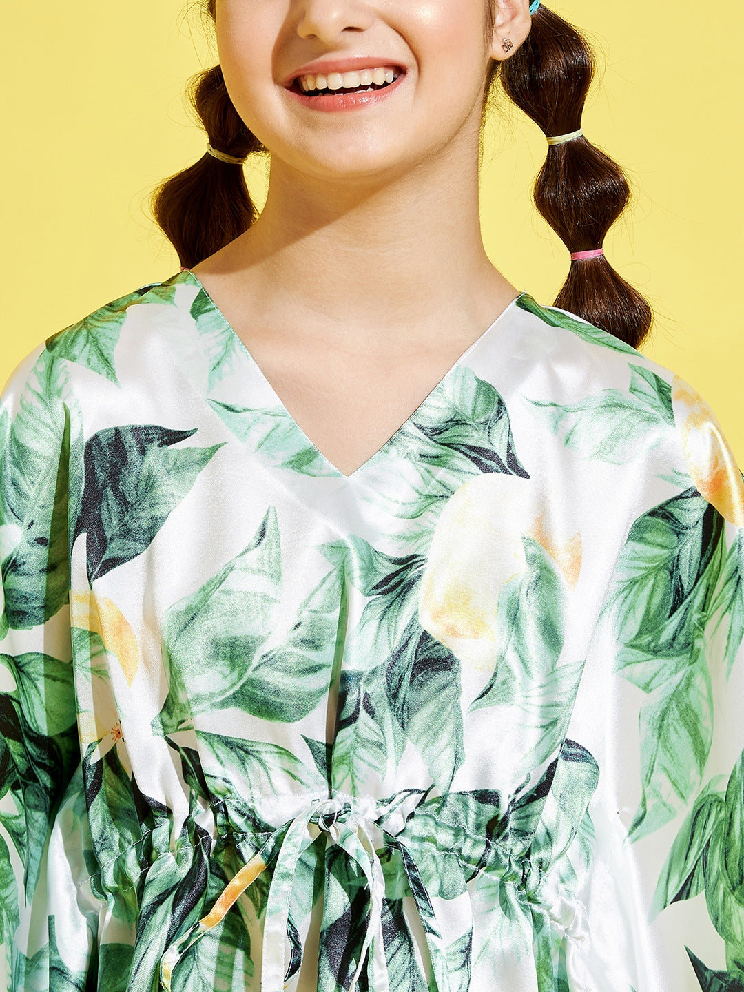Cherry Jerry Girls Cream-Coloured Green Printed Kaftan Night suit