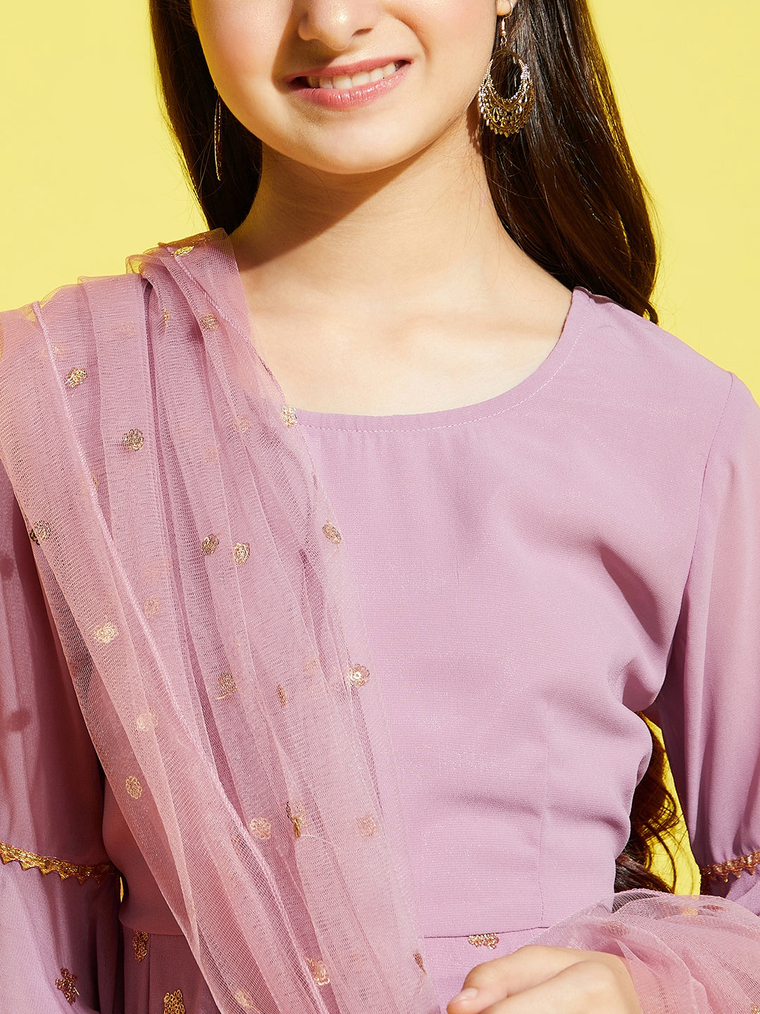 Girls Pink Ethnic Motifs Embroidered Empire Kurta with Sharara & Dupatta