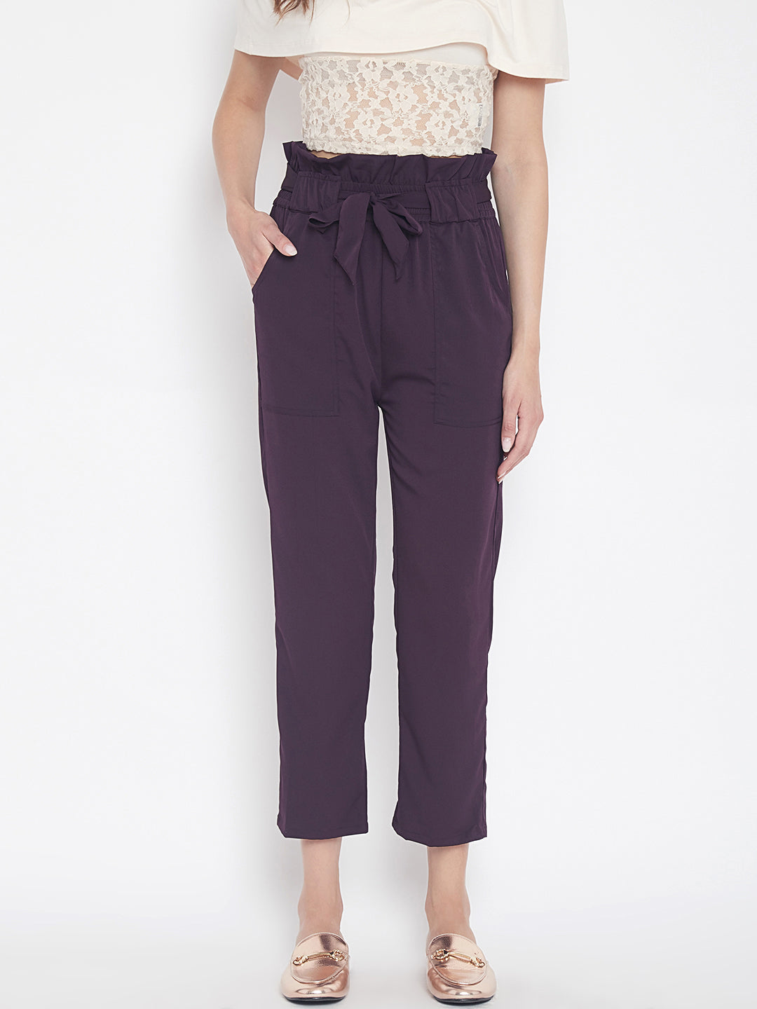 Women's solid plum pleated high waist trouser