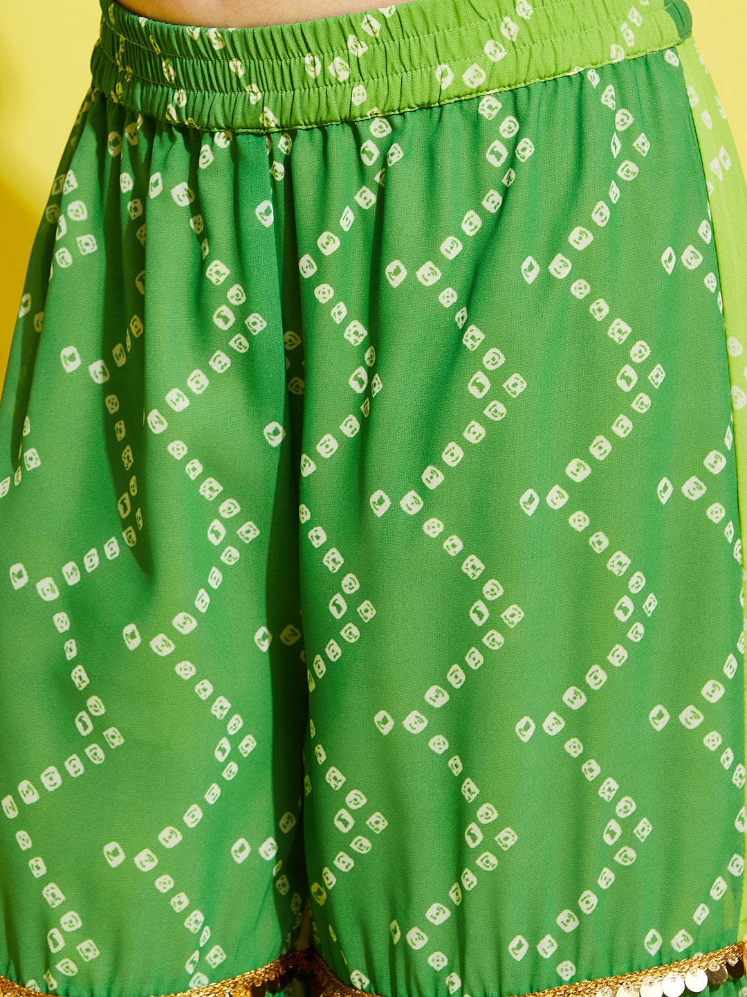 Girls Green Yellow Bandhani Printed A-Line Kurta with With Sharara