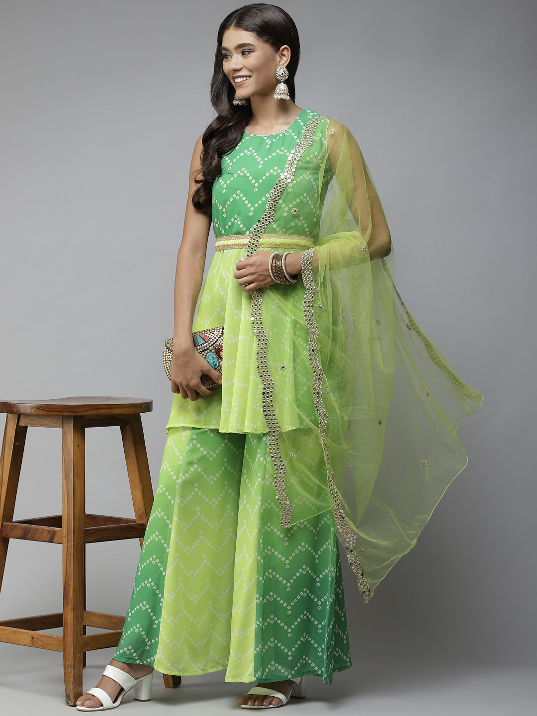 PANIT Green Bandhani Printed Zardozi Kurta with Sharara & With Dupatta
