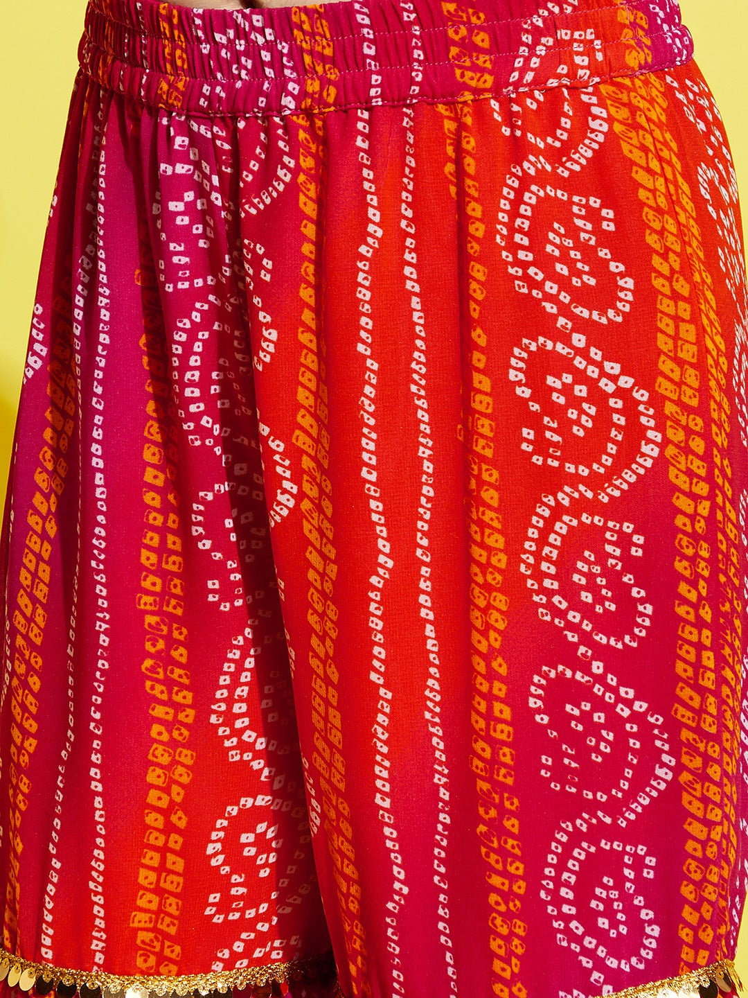 Girls Orange & Pink Bandhani Printed A-Line Kurta with