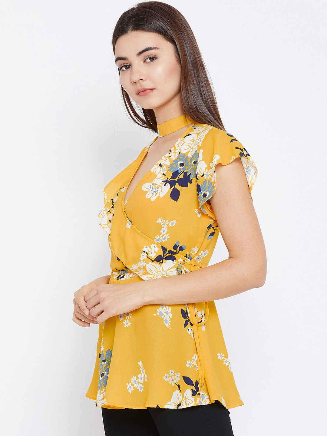 Women Yellow Floral Printed Wrap Top
