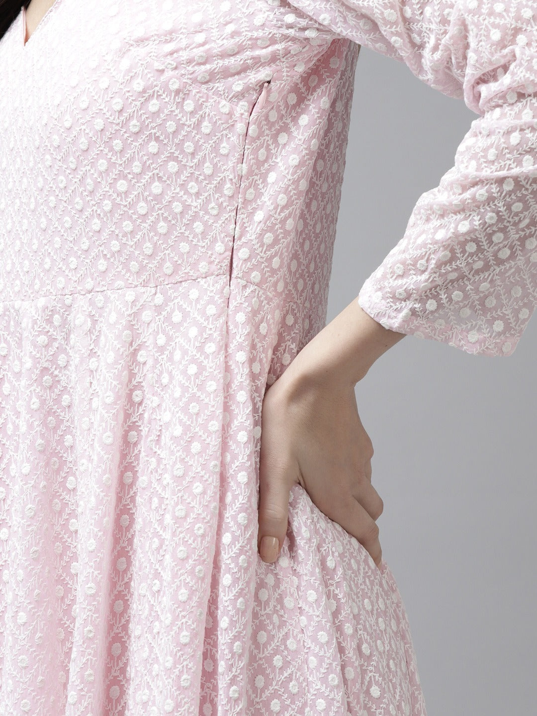 Pink & White Ethnic Motifs Embroidered Georgette Ethnic Maxi Dress With Dupatta