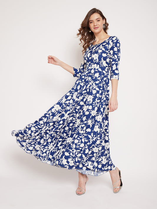 Women Blue and White Floral Printed Maxi Dress