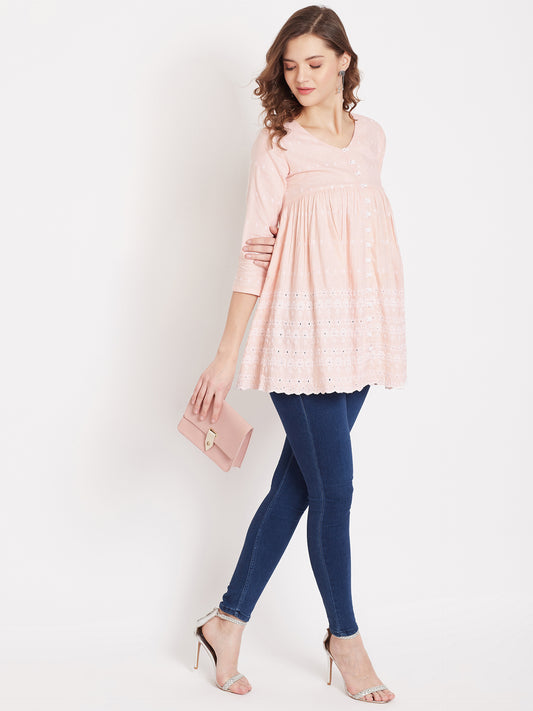 Women Peach Schiffli A-Line Flared Top