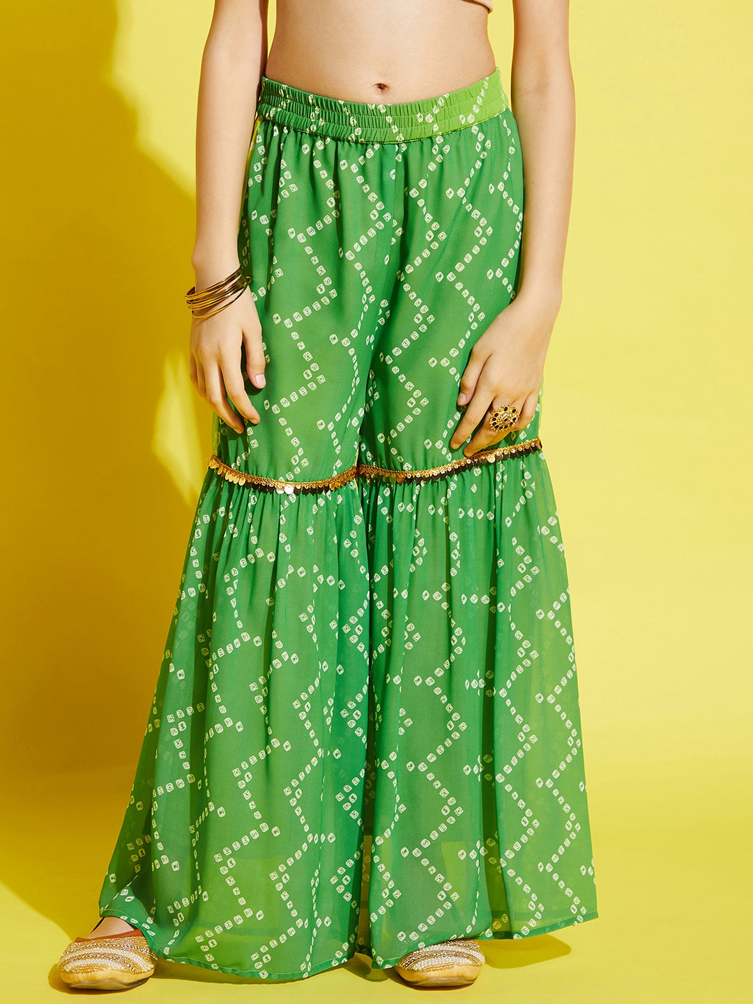 Girls Green Yellow Bandhani Printed A-Line Kurta with With Sharara