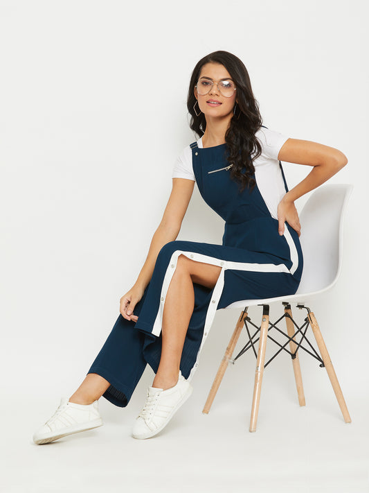 Teal solid dungarees with side stripes detail