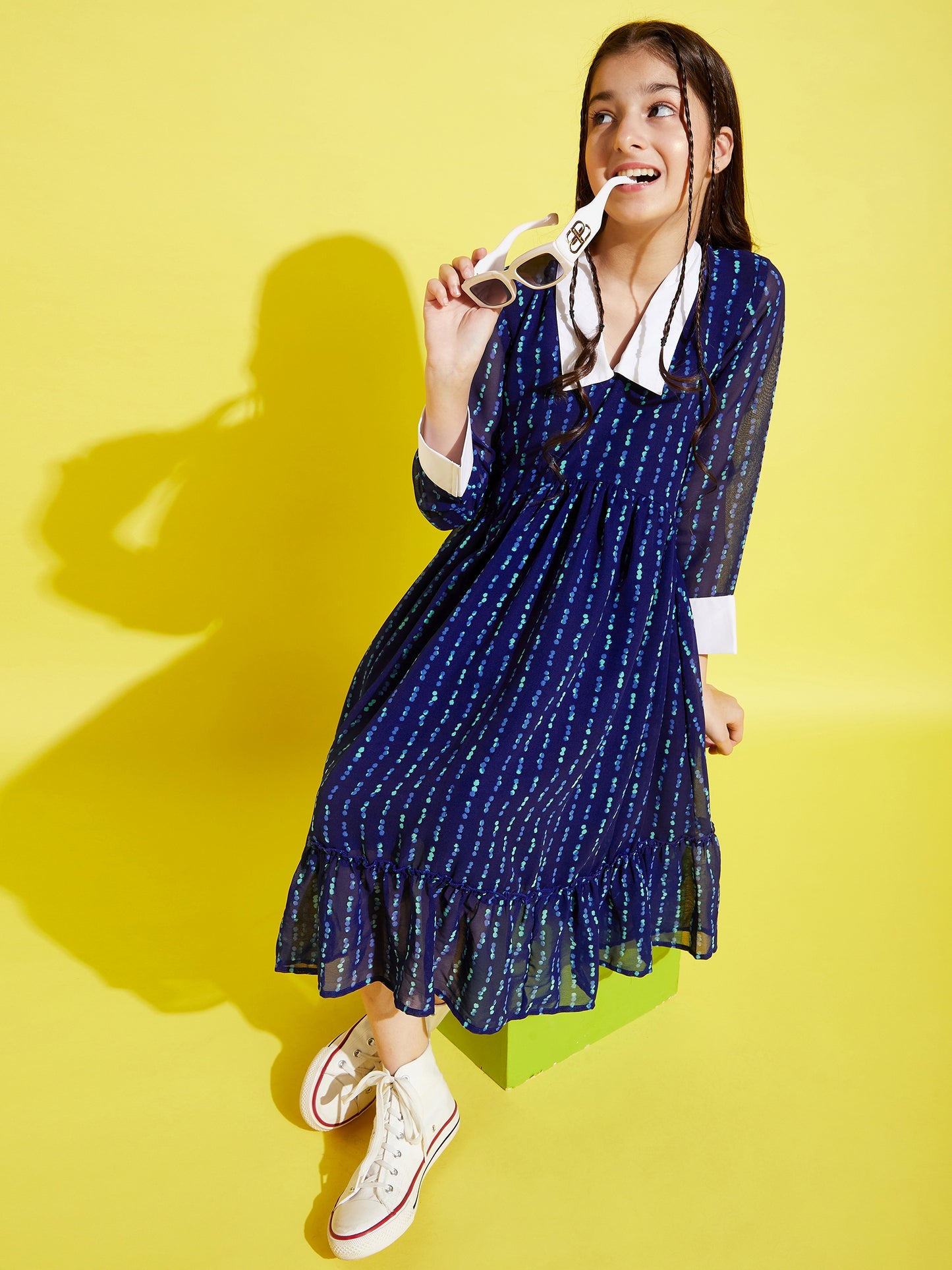 Girls Blue & White Midi Dress