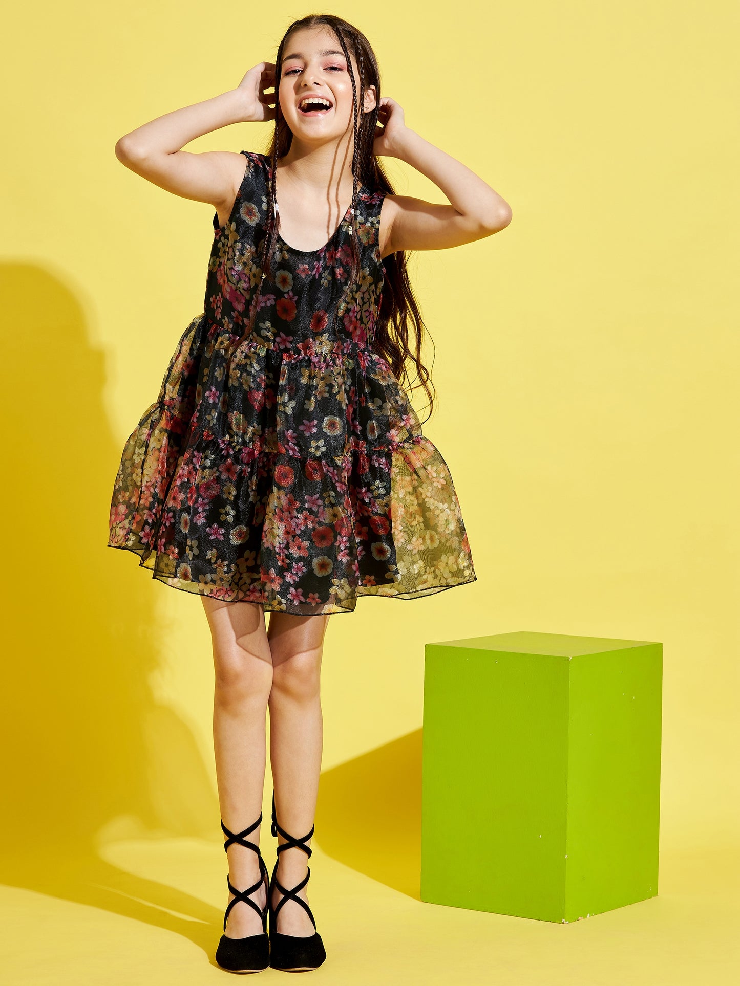 Girls Black & Red Floral Dress