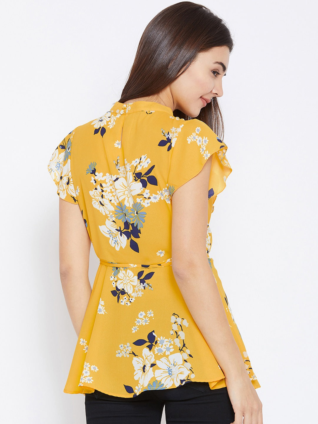 Women Yellow Floral Printed Wrap Top