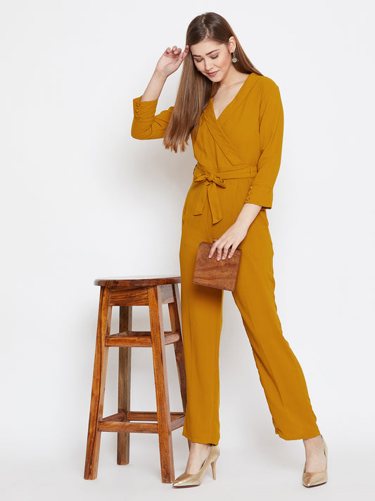 Women'S Solid Mud Yellow Full Length Crepe Jumpsuit