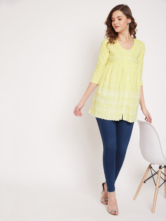 Women Yellow Schiffli A-Line Flared Top