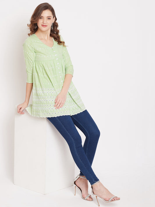 Women Lime Green Schiffli A-Line Flared Top