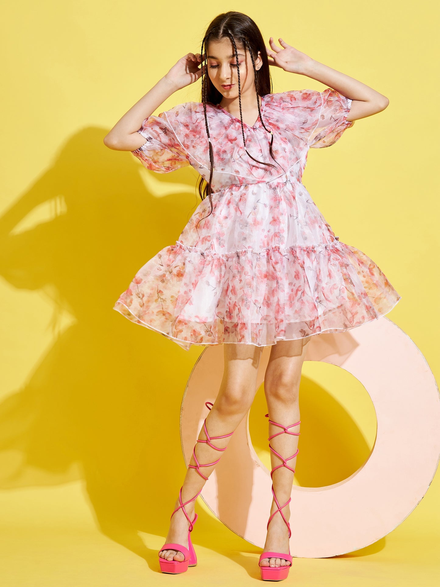 Girls White & Pink Floral Dress