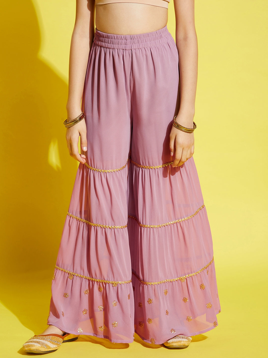 Girls Pink Ethnic Motifs Embroidered Empire Kurta with Sharara & Dupatta