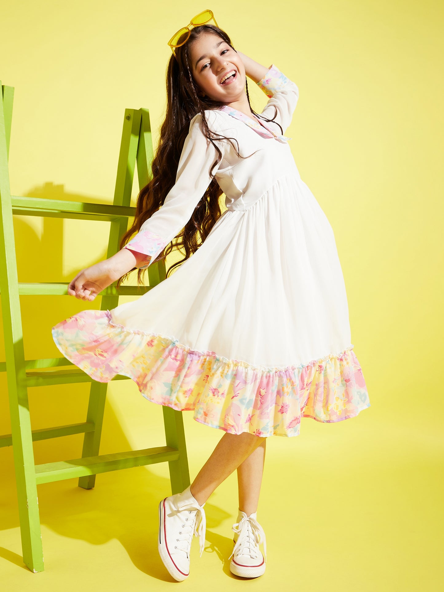 Girls White & Pink A-Line Midi Dress