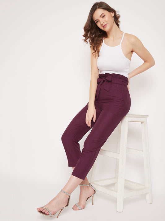 Wome Burgundy Solid Crepe Cigarette Trouser