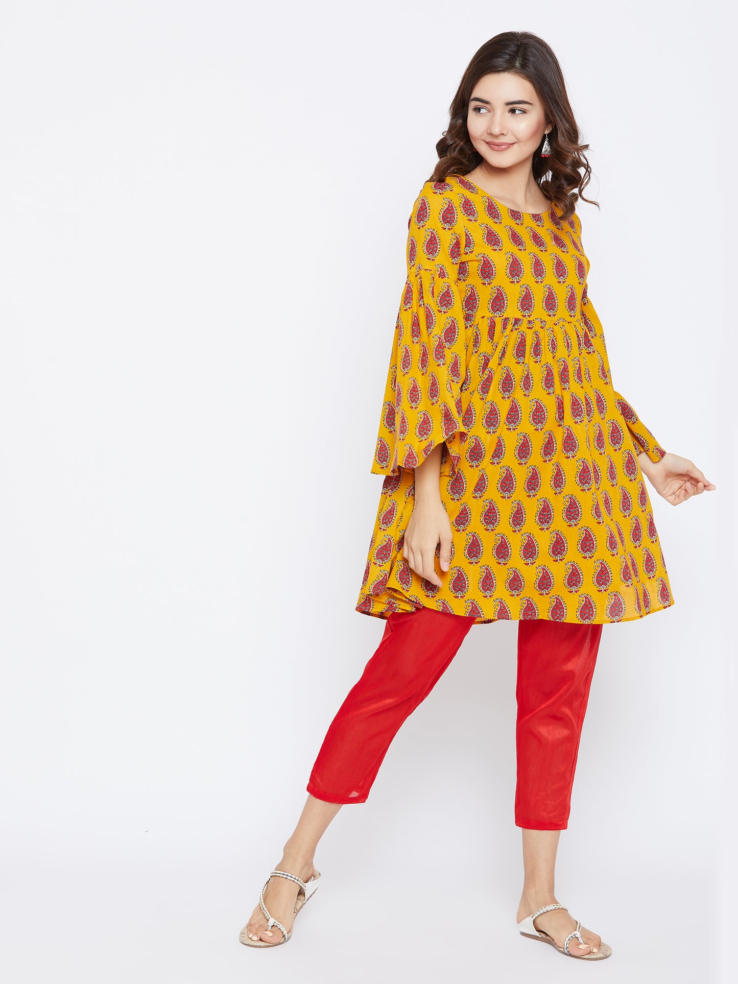 Women Yellow Red Printed A-Line Kurta