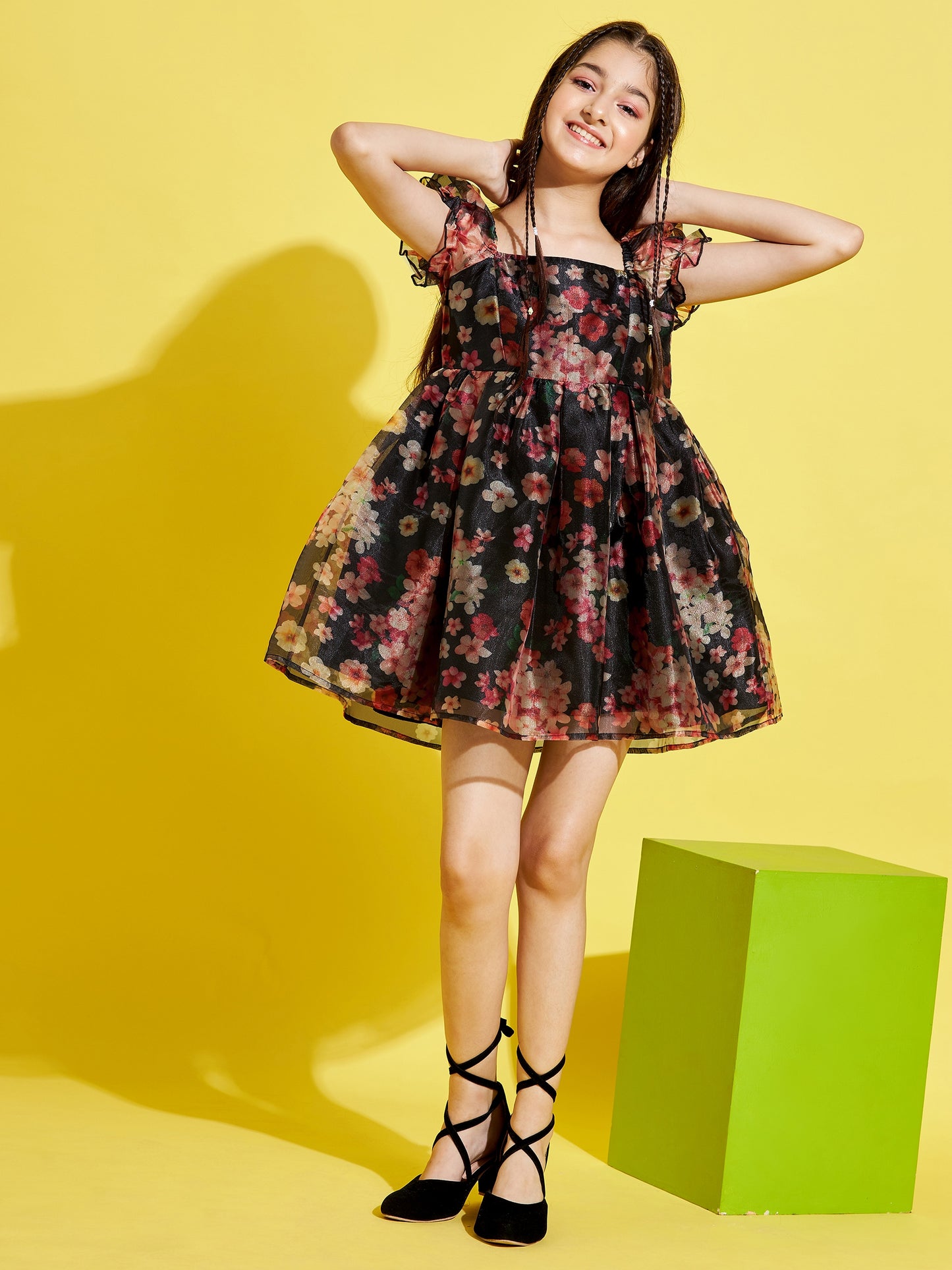 Girls Black & Red Floral Dress