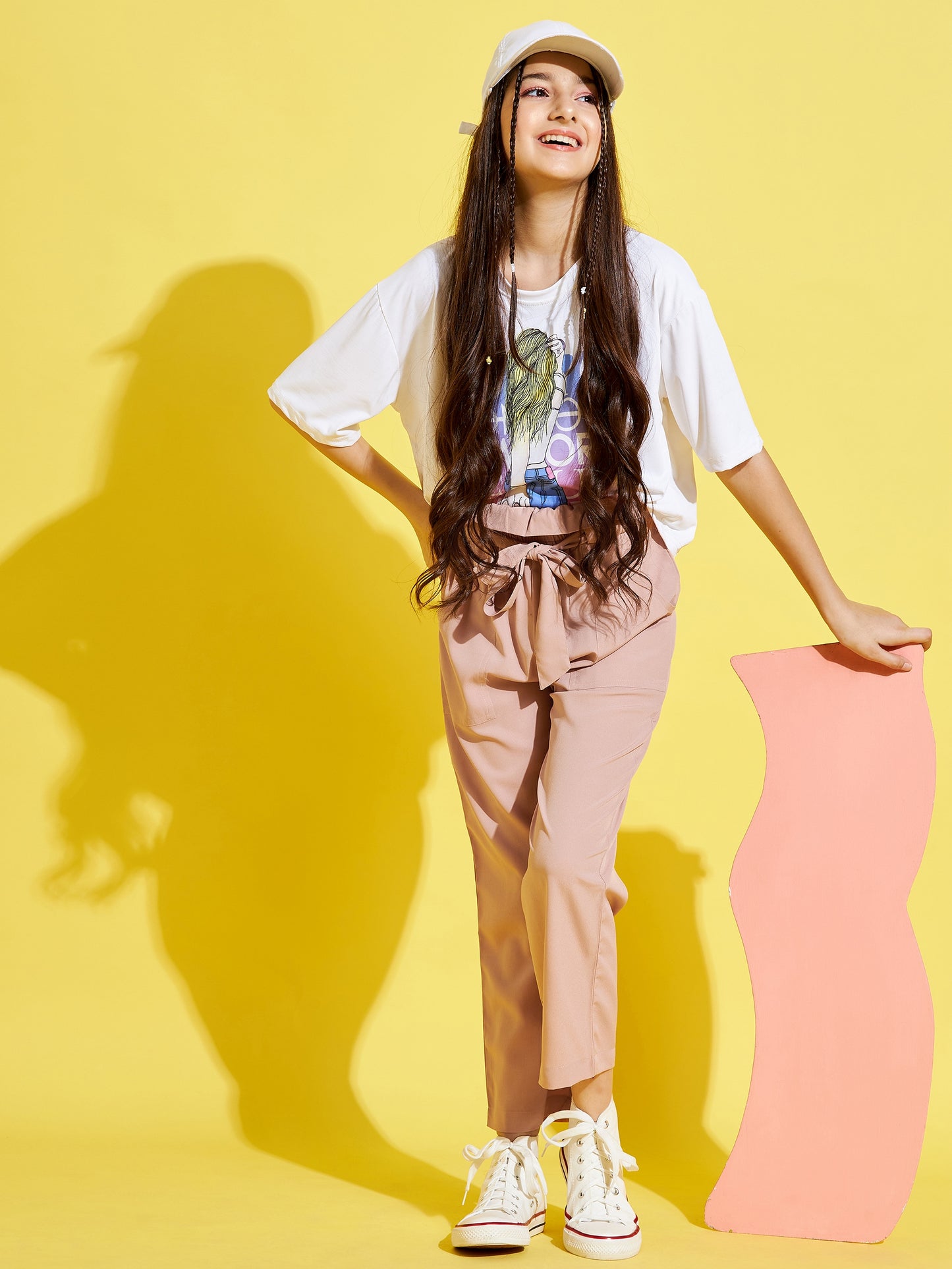 Girls Peach-Coloured Relaxed High-Rise Trousers