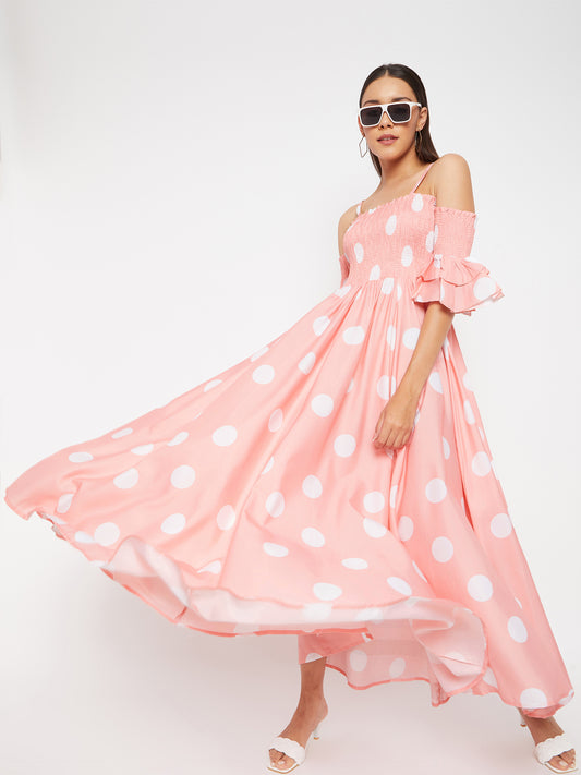 Women Pink Base and White Polka Dot Printed Maxi Dress