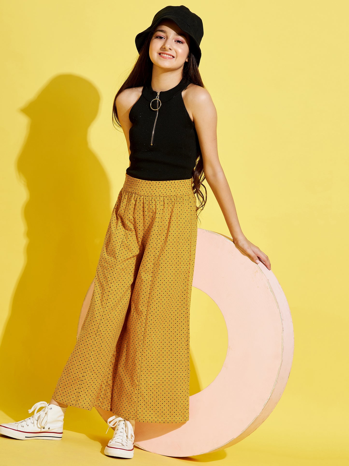 Cherry Jerry Girls Mustard Yellow Printed Relaxed cotton Trousers