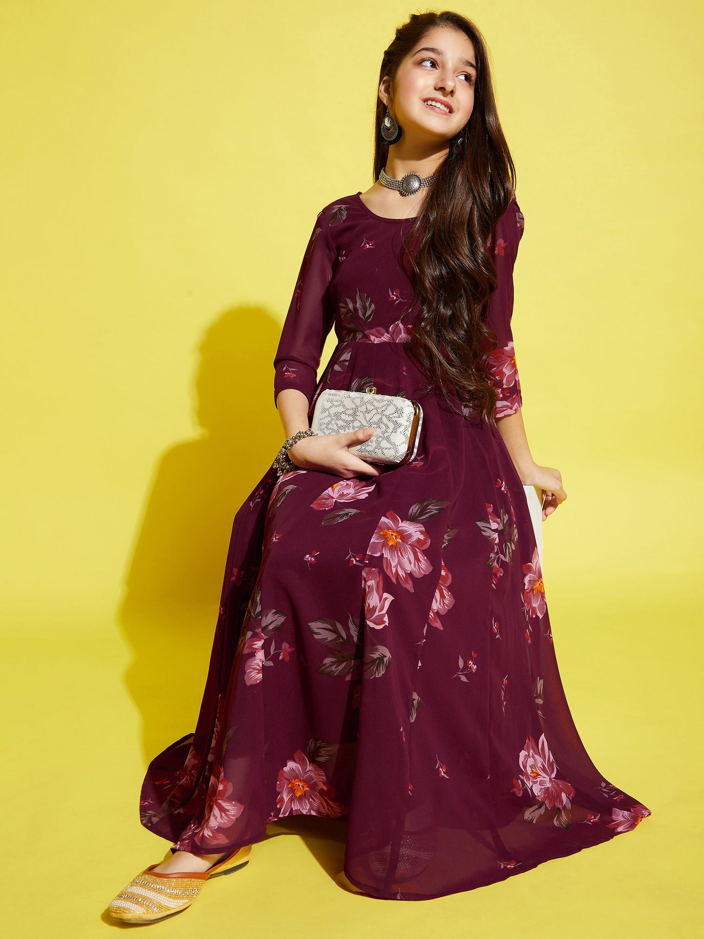 Girls Maroon Floral Printed Georgette