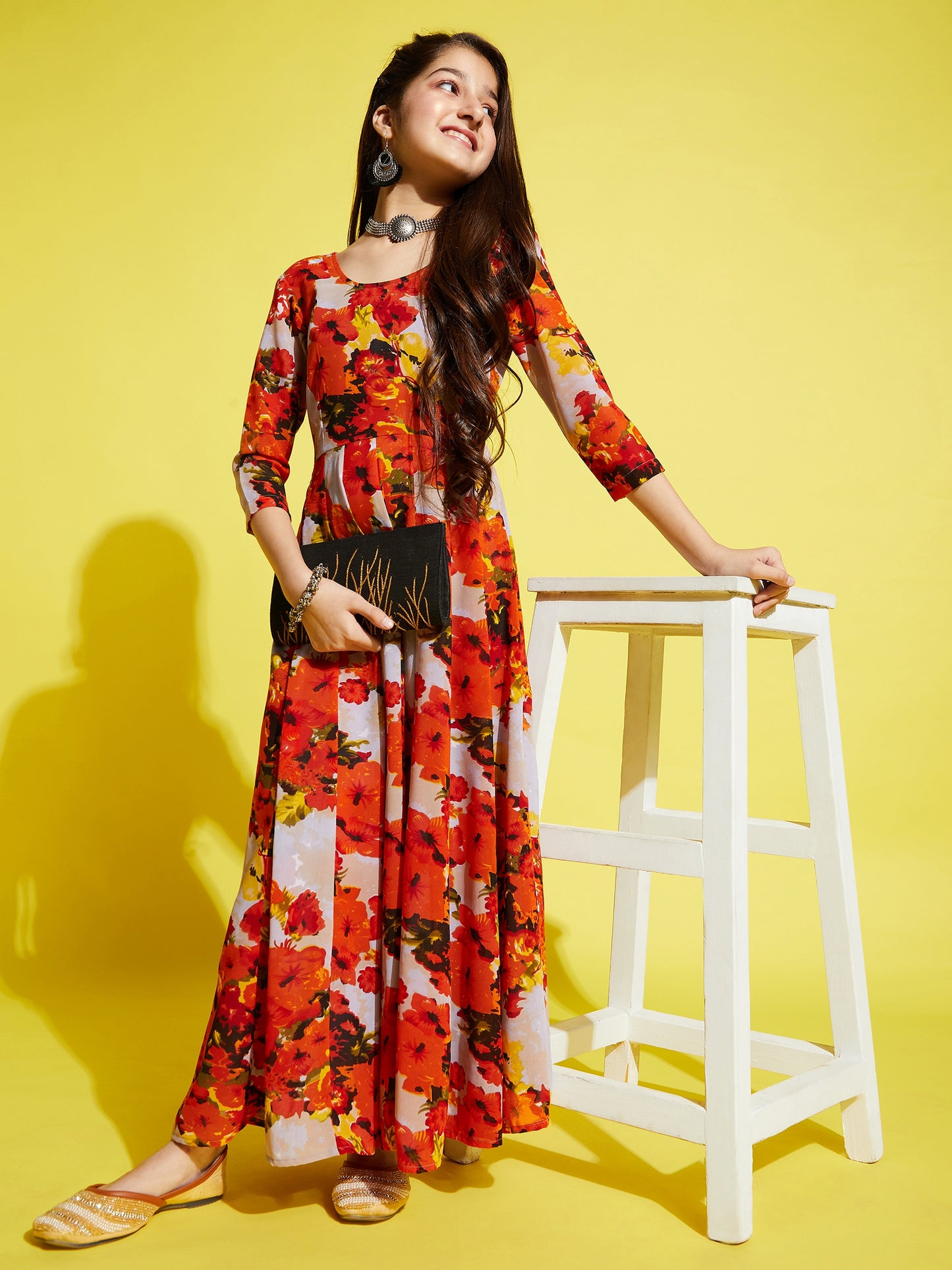 Girls Orange Floral Printed Georgette Ethnic Maxi Dress